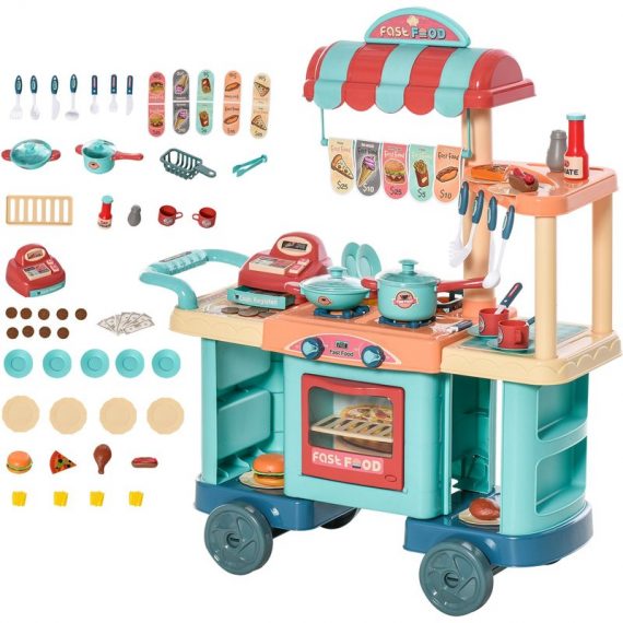 HOMCOM 50 Pcs Kids Kitchen Play set Fast Food Trolley Cart Pretend Playset Toys with Play Food Money Cash Register Accessories Gift for Kids Age 3-6