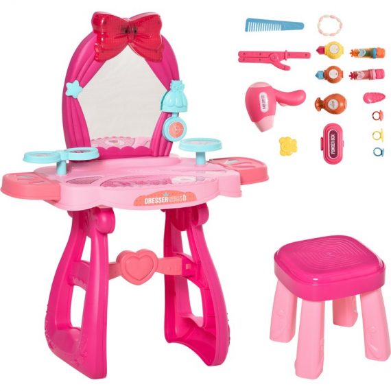 HOMCOM 36 Pcs Kids Vanity Musical Dressing Table Make Up Desk w/ Stool Beauty Kit Toy Children Glamour Princess Magic Mirror Lights for 3 Years Old