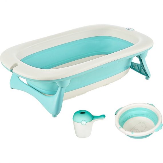 HOMCOM 3 in 1 Collapsible Baby Bath Tub Set Folding Kids Tub Wash Basin Shampoo Cup Non-Slip Support Leg for 0-3 Years, Green | Aosom Ireland
